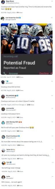 Screenshots from X (formerly Twitter) Reactions after Jerry Jones' Dallas Cowboys lose against Jacksonville Jaguars